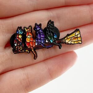 Stained Glass Cats on Broom Soft Enamel Pin Witchy Halloween Badge